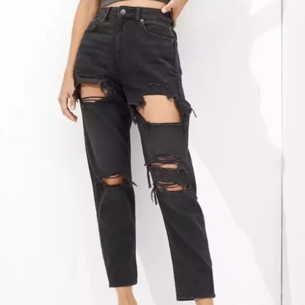 American Eagle Black Distressed Mom Jeans
